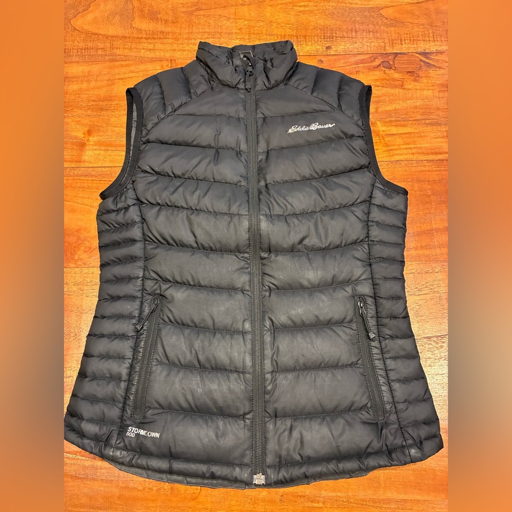 Eddie Bauer Full Zip Vest Black Down Stormdorm 800 Women's Puffer Vest XS